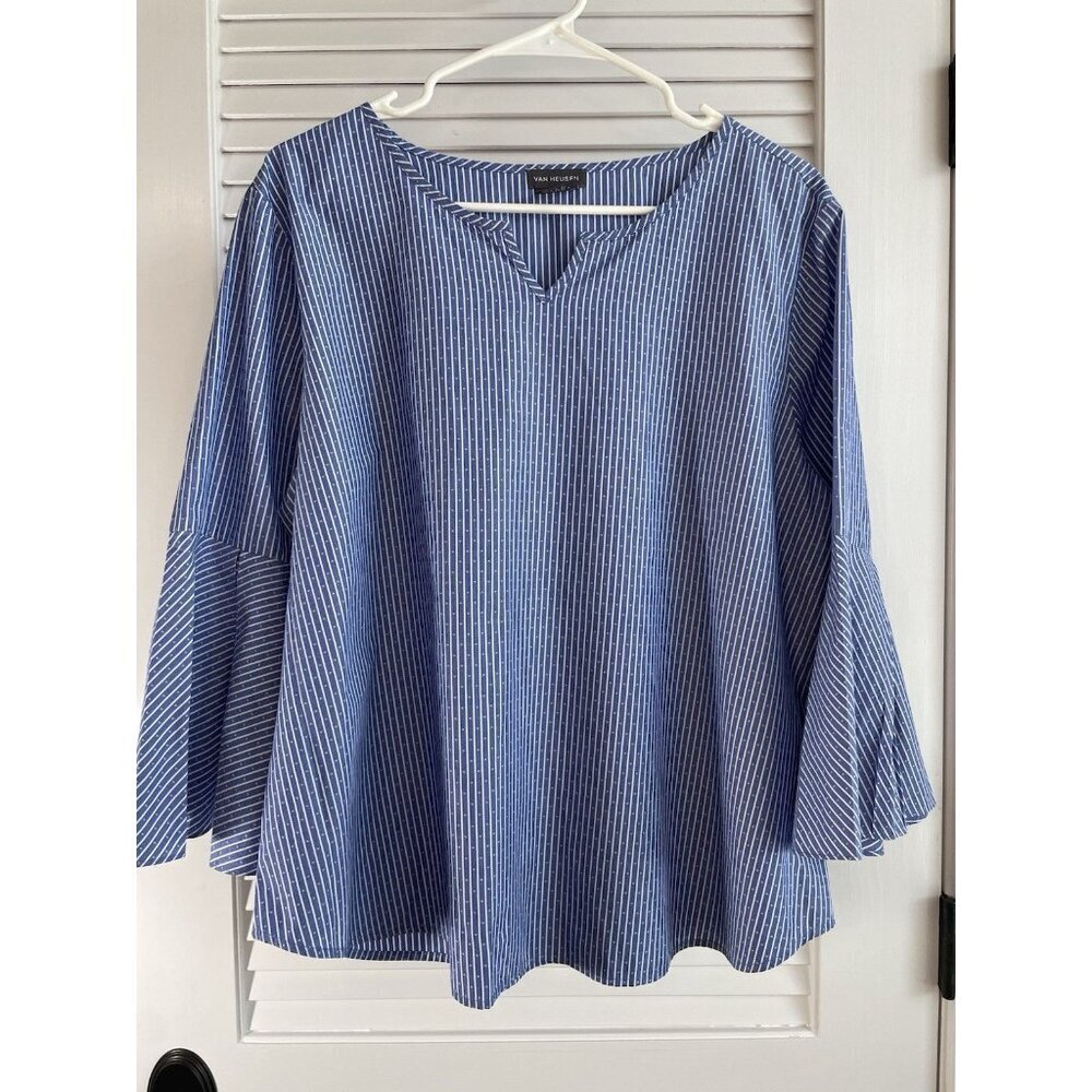 Van Heusen Blue White Bell Sleeve Striped Cotton Blend Peasant Shirt Women's XL